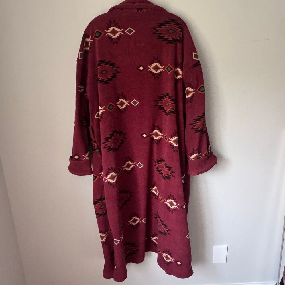 Southwestern Aztec Design Fleece Bath Robe Burgundy - Picture 2 of 8